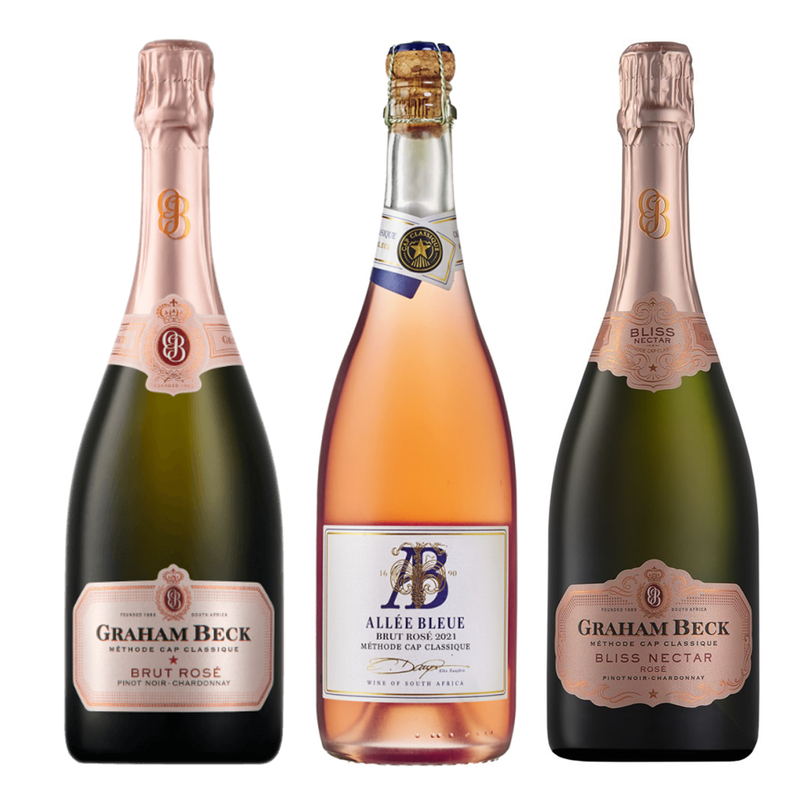 Allée Bleue Brut Rose, Graham Beck Brut Rosé & Bliss Nectar Rose Sparkling Wine Pack 3 x 750ml