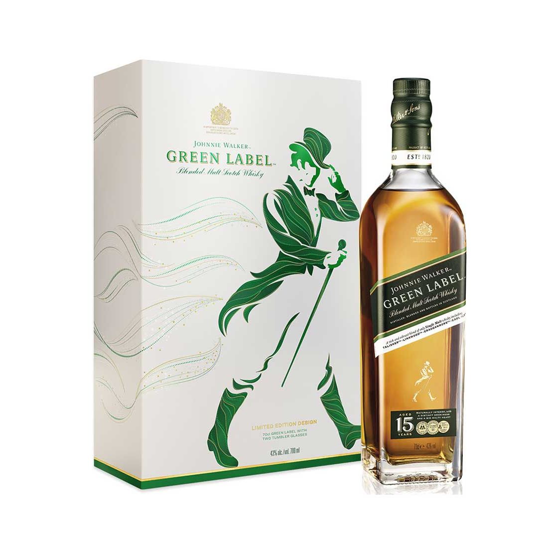 Johnnie Walker Green Label 15 YO 700 ml Gift Pack with Two Glasses (Richard Malone Collection)