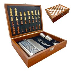 Wood Chess Game Gift Set With 8 oz. Stainless Steel Flask 2 Shot Glasses & Wine Opener