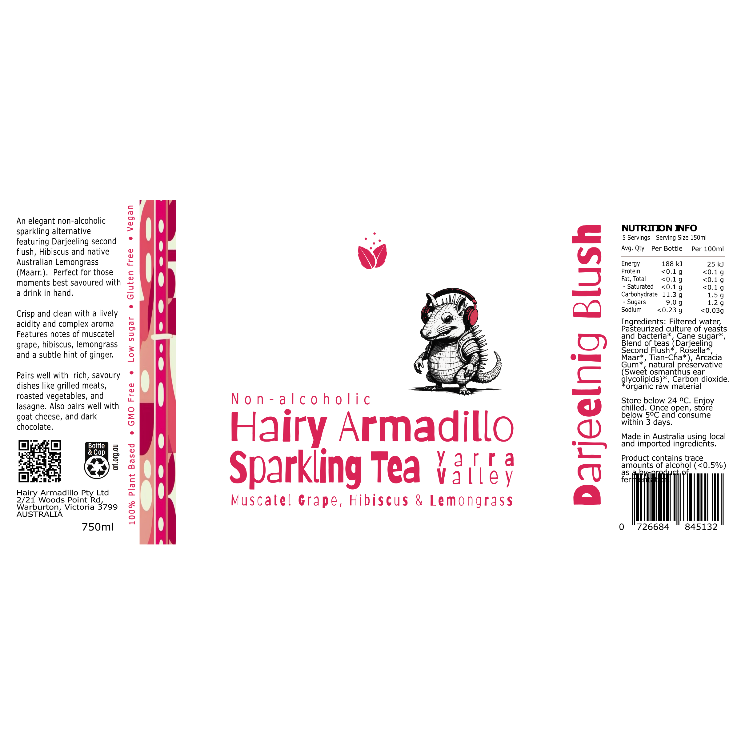 Hairy Armadillo Darjeeling Blush Non-alcoholic Sparkling Tea 6 x 750ml Bottles