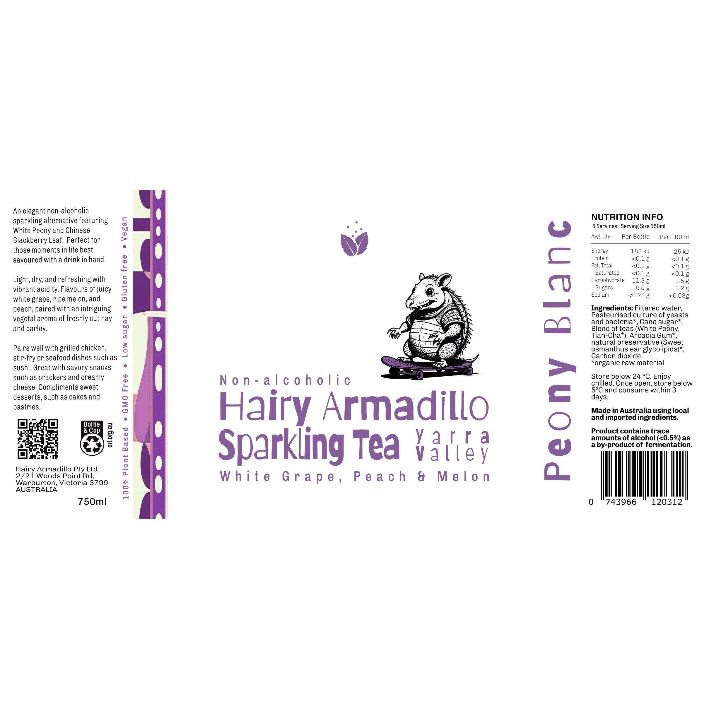 Hairy Armadillo Peony Blanc Non-alcoholic Sparkling Tea 3 X 70ml Bottles